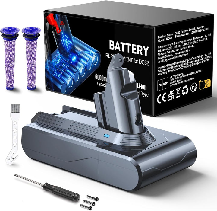 6000mAh V6 Ersatzakku für Dyson V6 Akku Kompatibel mit DC62 DC58 DC59 DC61 Animal DC72 DC74 SV03 SV0