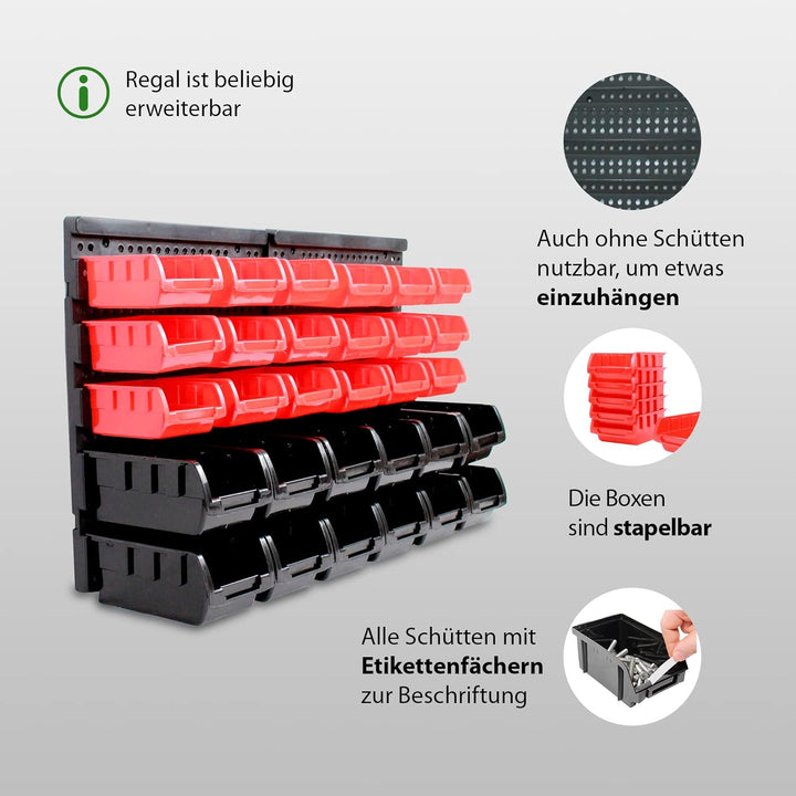 TRUTZHOLM Stapelboxen mit Wandregal 32 TLG Kleinteilemagazin Schütten mit Etikettenfach (rot)