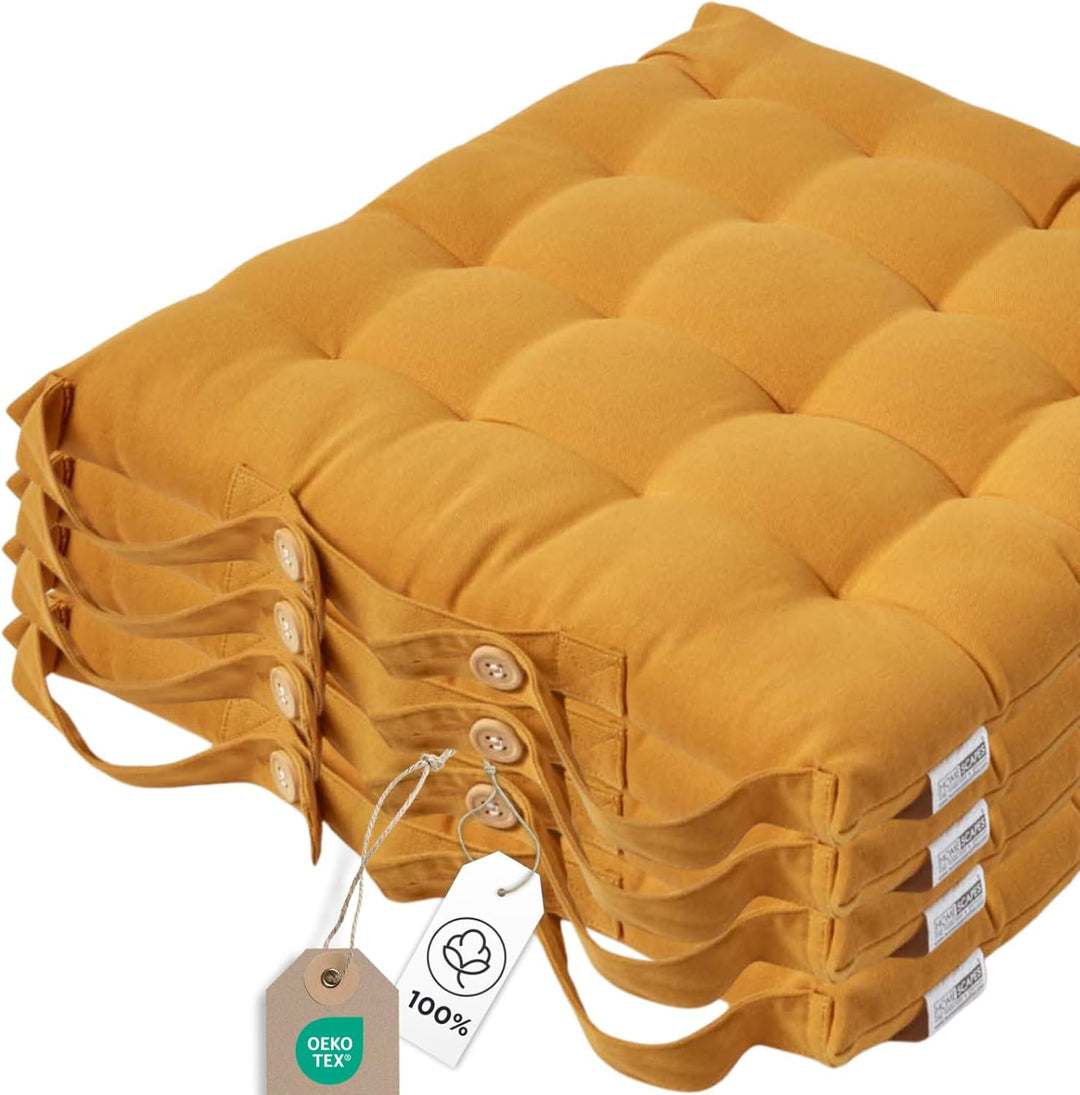 Homescapes 4er Set Stuhlkissen 40 x 40 cm, senfgelb, Sitzkissen mit Bändern und Knopfverschluss, ein