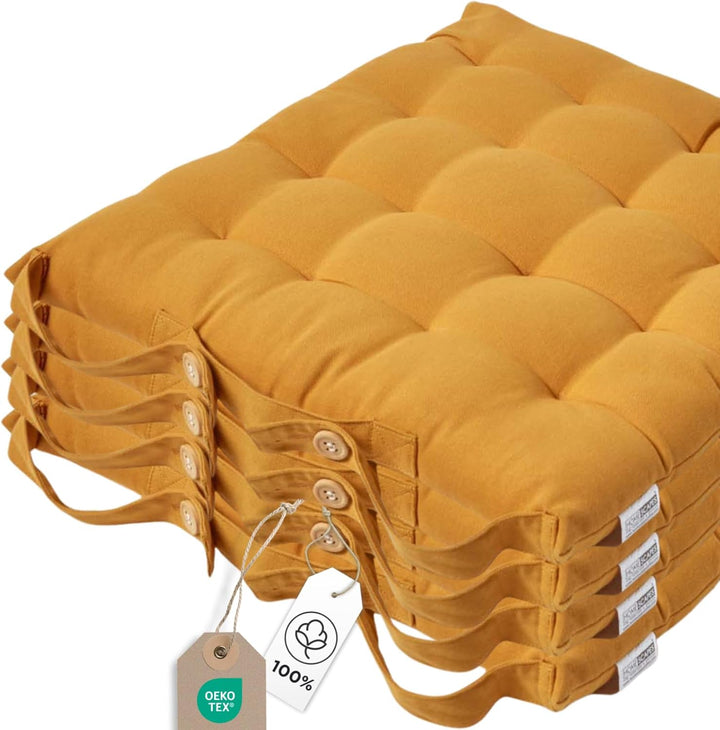 Homescapes 4er Set Stuhlkissen 40 x 40 cm, senfgelb, Sitzkissen mit Bändern und Knopfverschluss, ein