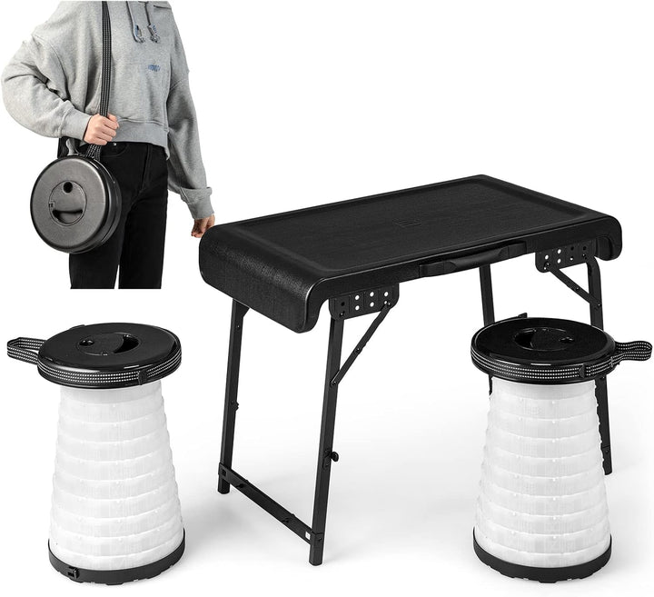 COSTWAY Tragbarer Klapptisch mit 2 LED Teleskophockern, Campingtisch und höhenverstellbarer Hocker,