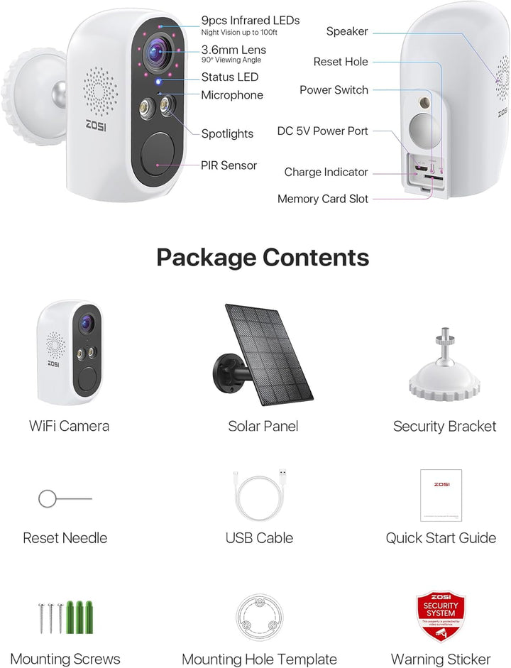 ZOSI Akku Überwachungskamera mit Solarpanel, 2K Kabellos IP Kamera Überwachung Aussen WLAN mit Farbi
