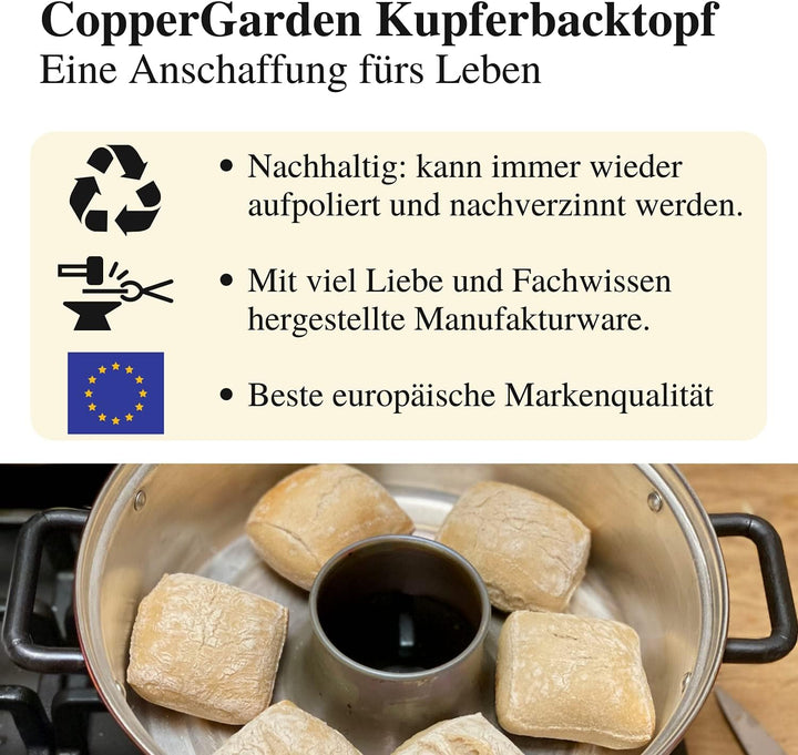CopperGarden Aura24 Backtopf aus Kupfer I Kupfertopf für Camping/Gasherd/Grill & Lagerfeuer I Kupfer