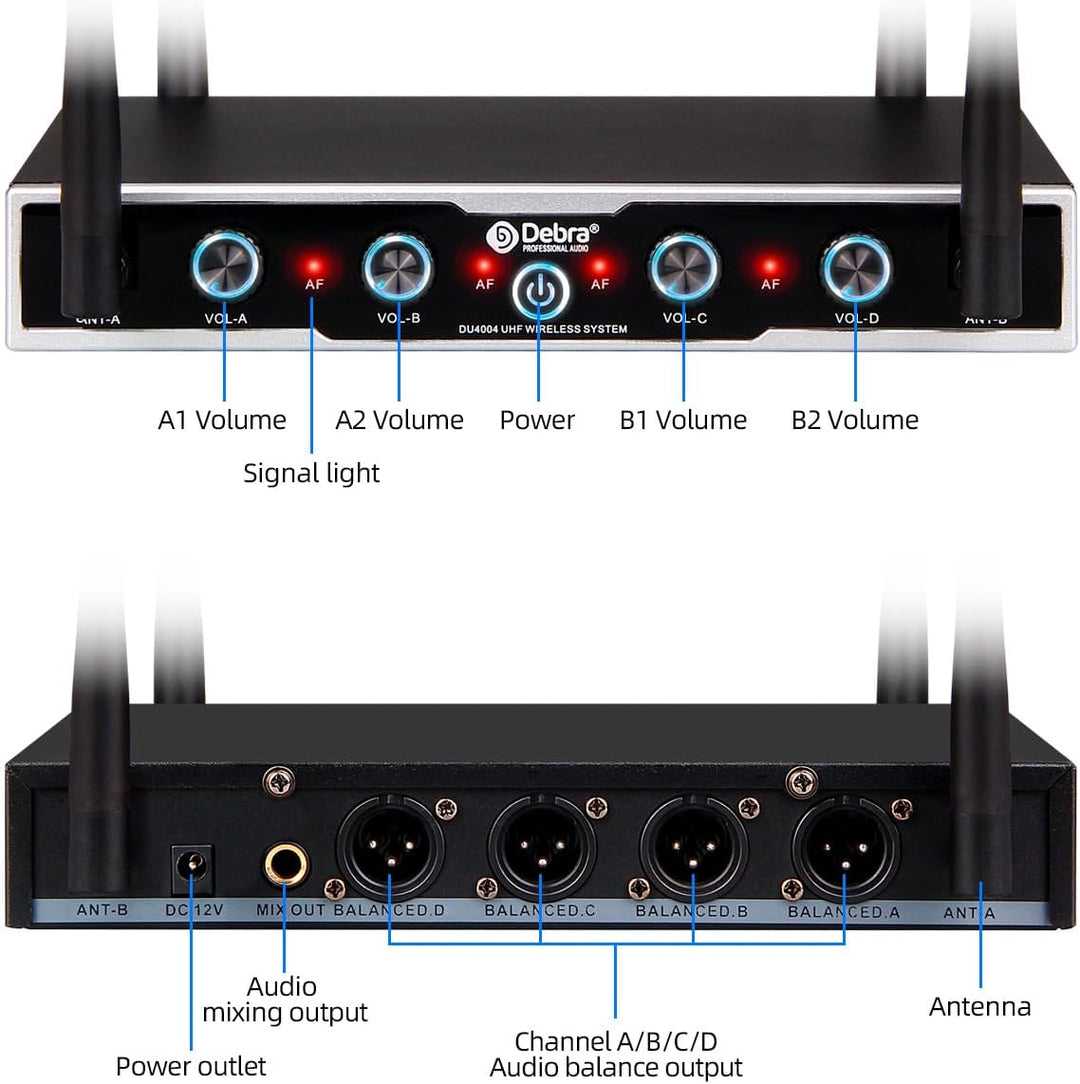 D Debra Wireless Mikrofon DU4004 UHF - 4 x 16 Kanäle, Handmikrofon, Bodypack, Headset, Lavalier für