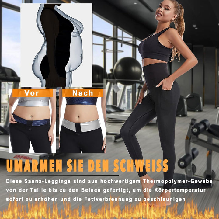 Merlvida Schwitzhose zum Abnehmen Sauna Leggings Damen High Waist Sportleggins mit Taschen Hot Therm