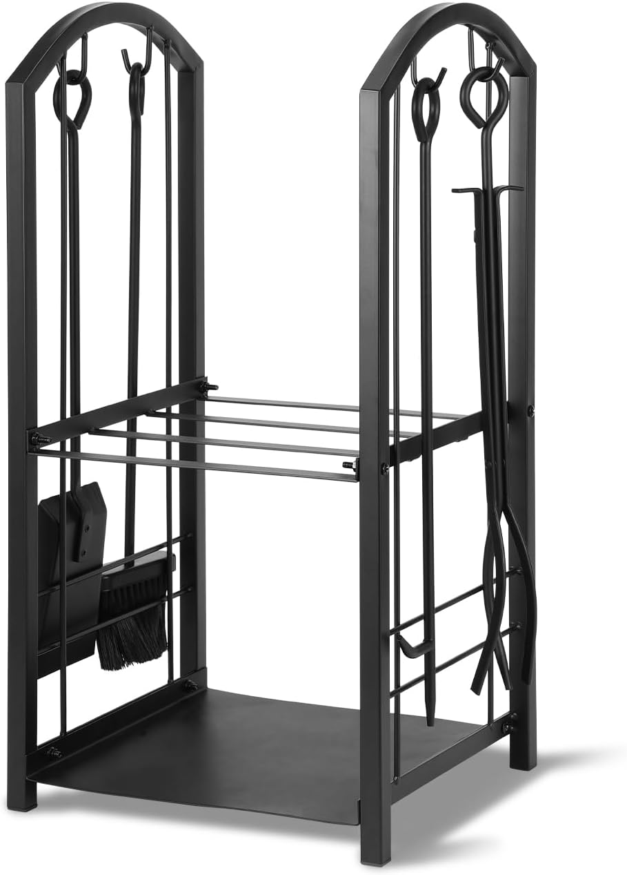 Randaco kaminholzregal Innen und Aussen, mit Kaminbesteck, Metall Brennholzregal aussen, Holzunterst