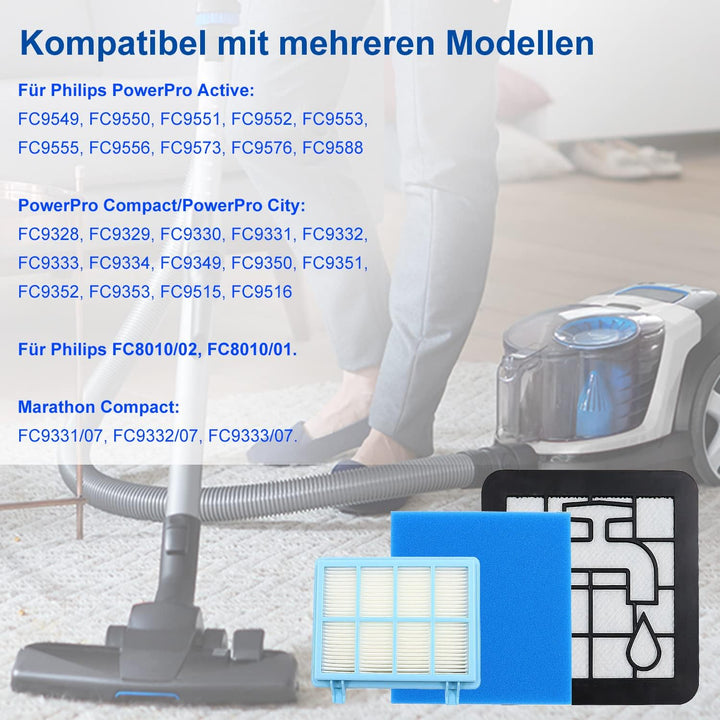 Fishoney 3 Stück Filter Kompatibel mit Philips PowerPro Compact und Active Bodenstaubsauger,FC8010/0