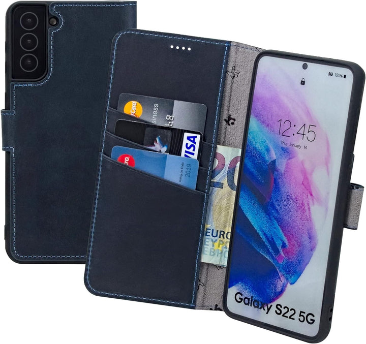 Suncase Book-Style Hülle kompatibel mit Samsung Galaxy S22 5G Leder Tasche (Slim-Fit) Lederhülle Han