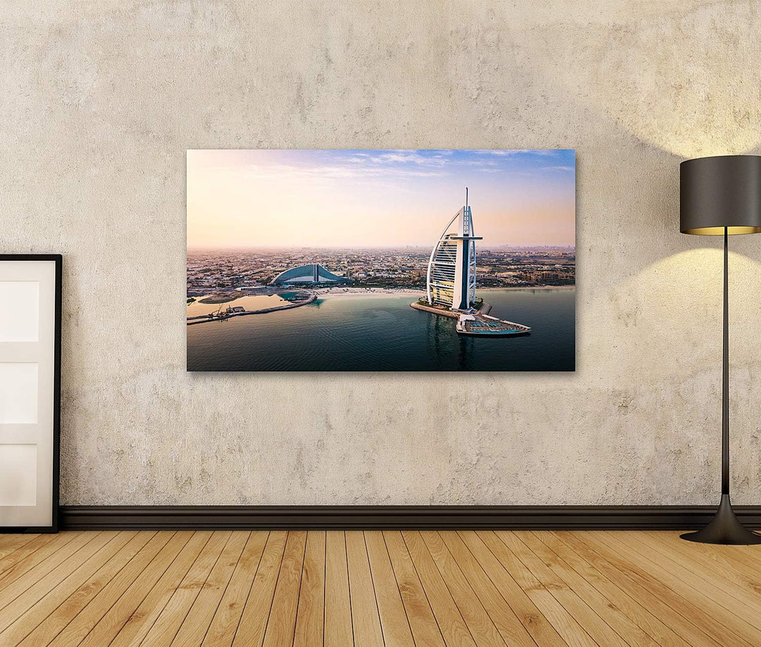 islandburner Bild auf Leinwand Dubai Seaside Skyline Und Burj Al Arab Luxushotel Bei Sonnenaufgang B