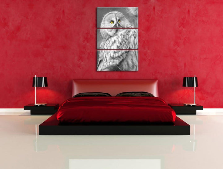grosse anmutige Eule auf Ast schwarz/weiss Deluxe 3-Teiler Leinwandbild 120x80 Bild auf Leinwand, XX