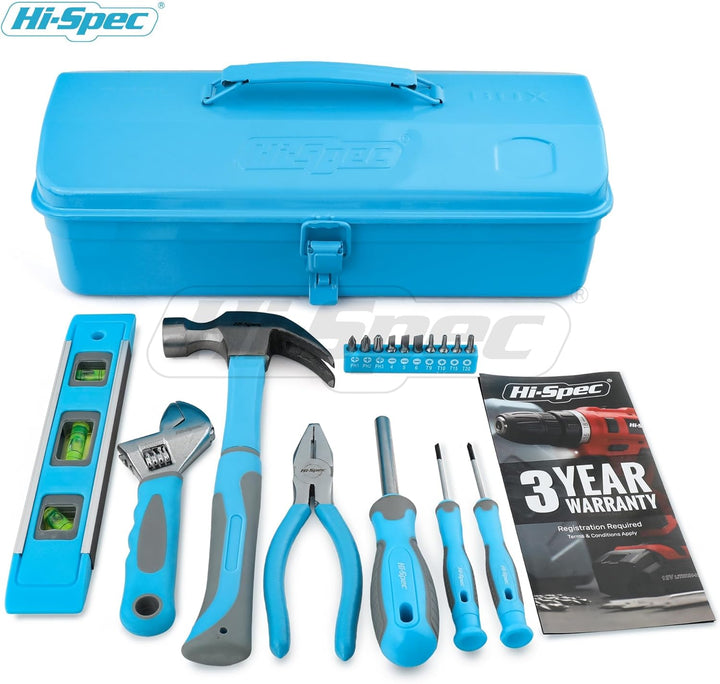 Hi-Spec Werkzeug-set für Anfänger in Blauer Metallbox. Komplettes echtes Handwerkzeug für Heimwerker