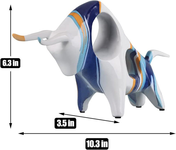 Kunstharz-blau-weisse Bullen-Statue, minimalistische farbige Stierfigur, Originalität, abstrakte Sti