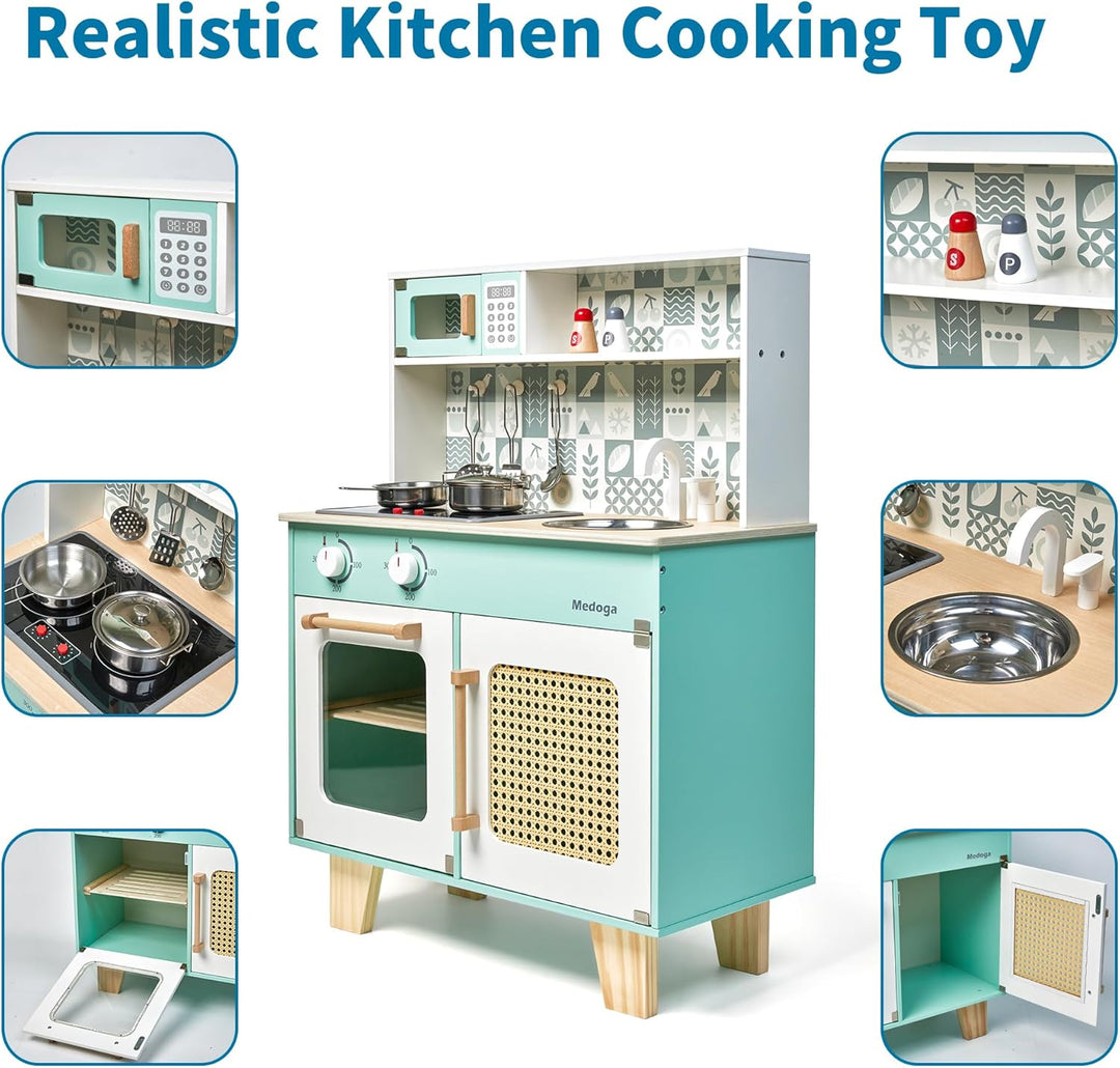 Holz Küche Spielset, Kleinkind Küche Set für Alter 3-6 Pretend Play Küche mit echten Lichtern und So