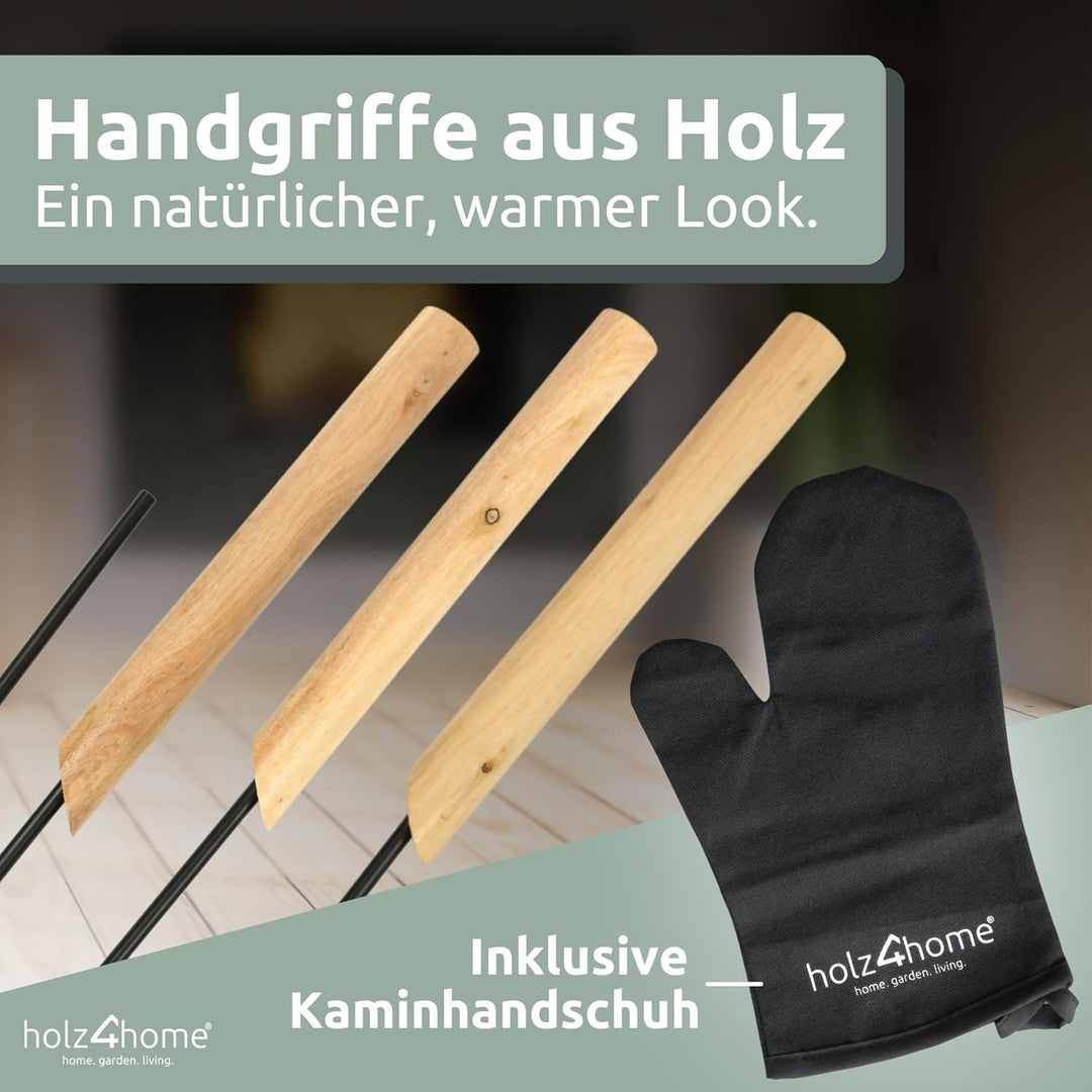 holz4home® Kaminbesteck 6-tlg. Schwarz mit Holzgriff inkl. Ofenhandschuh hitzebeständig I Kaminset K