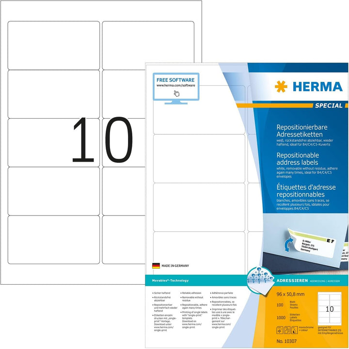 HERMA 10307 Universal Etiketten ablösbar, 100 Blatt, 96 x 50,8 mm, 10 Stück pro A4 Bogen, 1000 Aufkl