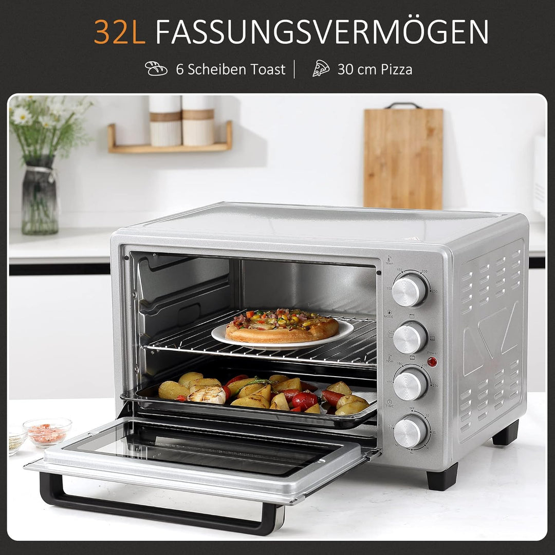 HOMCOM Minibackofen 32L 1600W Elektrischer Mini Ofen mit Schlackenauffangwanne Metall Edelstahl Glas