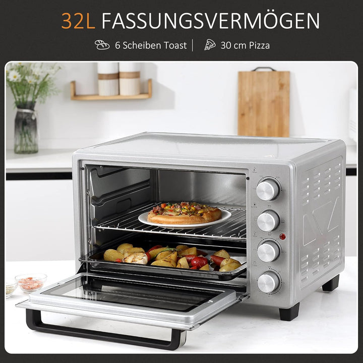 HOMCOM Minibackofen 32L 1600W Elektrischer Mini Ofen mit Schlackenauffangwanne Metall Edelstahl Glas