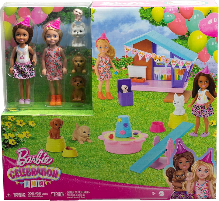 Barbie Chelsea Doggy Party Zwei Puppen mit Haustieren und Spielset mit Zubehör, Spielzeug + 3 Jahre