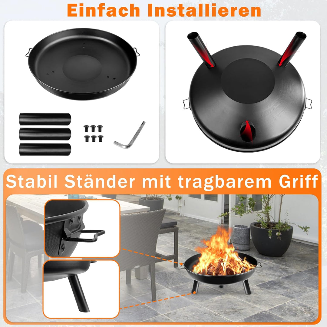 UISEBRT Feuerschale 80cm - Feuerstelle mit Griffen and 3 Füssen für Draussen Terrasse Garten Balkon