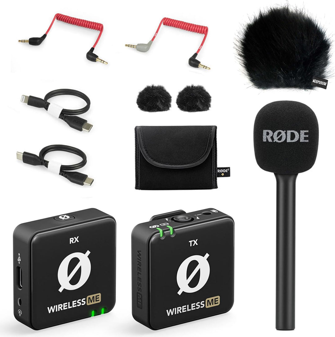 Rode Wireless ME Drahtlos-Mikrofon-Set + Interview GO Griff-Handadapter + keepdrum Fell-Windschutz B