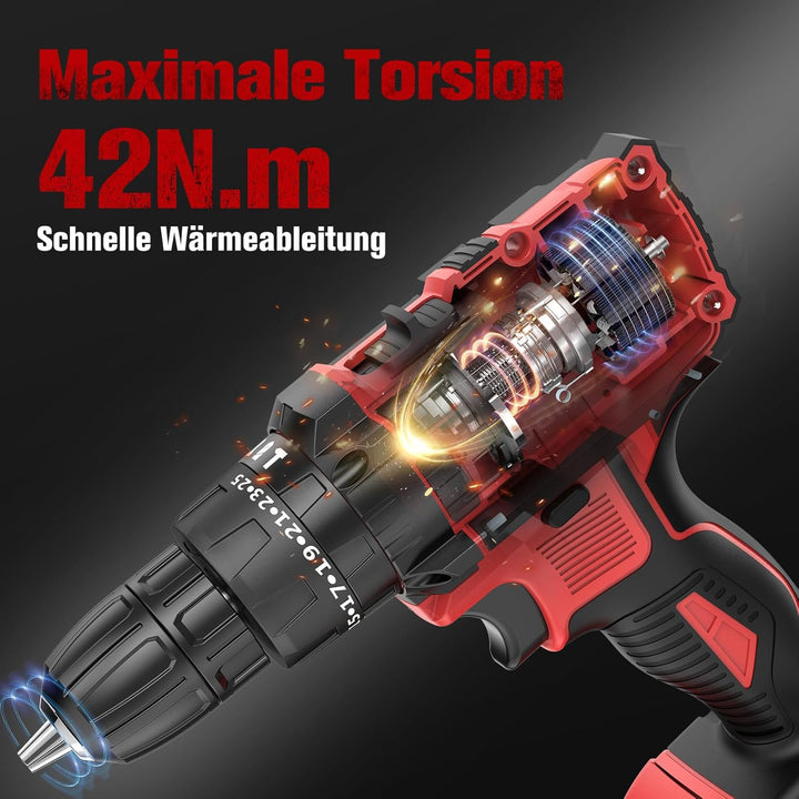 Akkuschrauber, BETENST Akku Bohrmaschine 21V, Akku Bohrschrauber 42Nm mit 2 Akkus 2.0Ah, 25+3 Drehmo