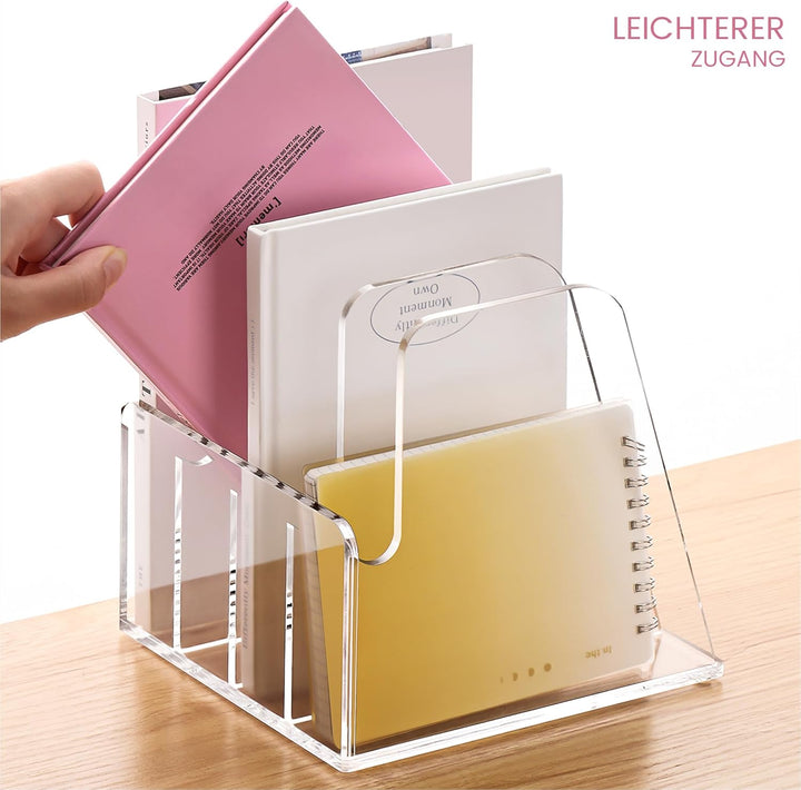 SANRUI Acryl Stehsammler, Stabiler Zeitschriftenhalter, 4 Fächer, Zeitschriftensammler, Buchstützen
