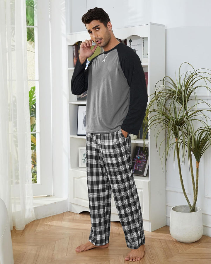 CheChury Herren Schlafanzug Lang Pyjama Rundhals Männer Langarm Oberteil und Karierte Schlafanzughos