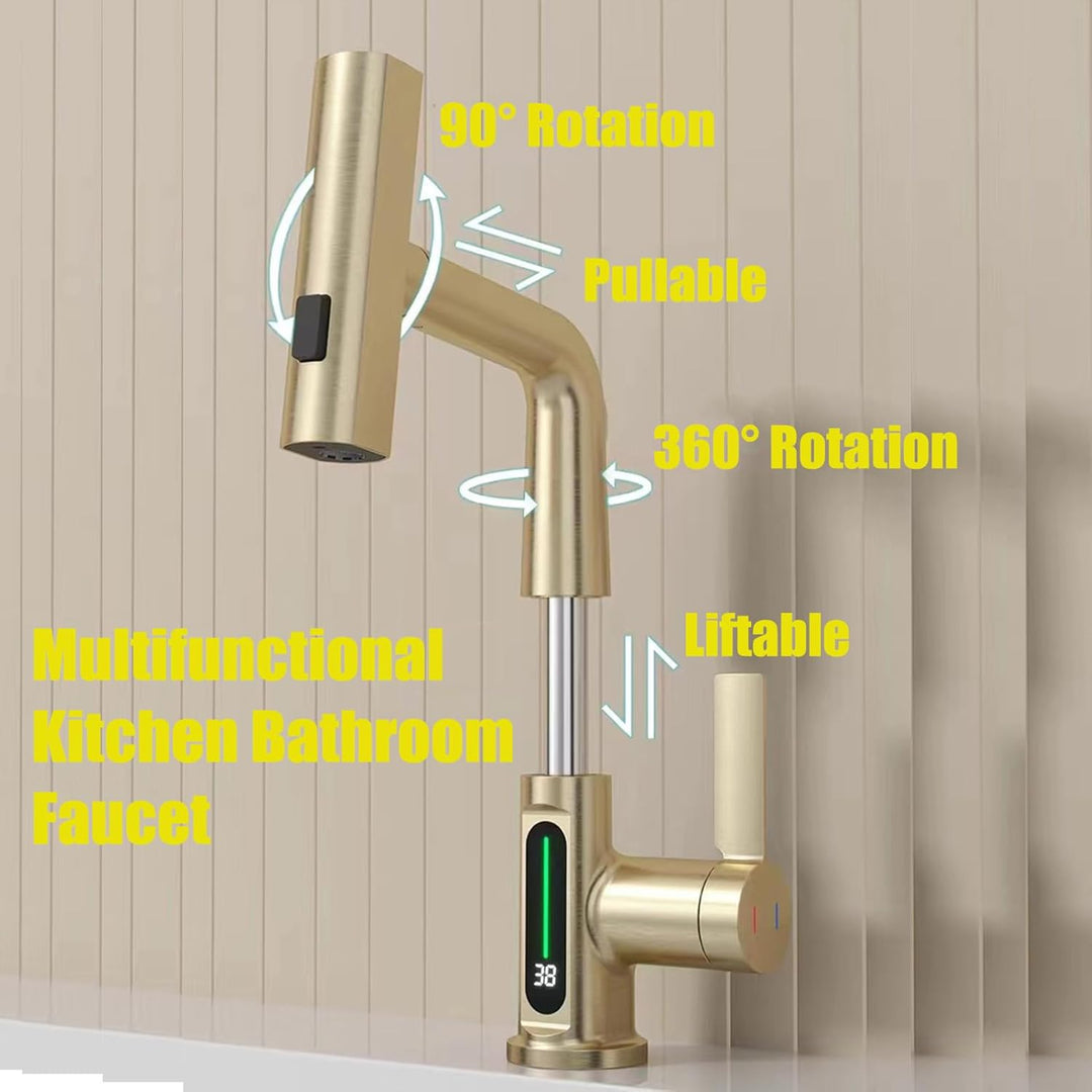 Wasserhahn Bad/Küche mit Ausziehbar Brause, LED Temperaturanzeige Waschtischarmatur Badezimmer mit 3
