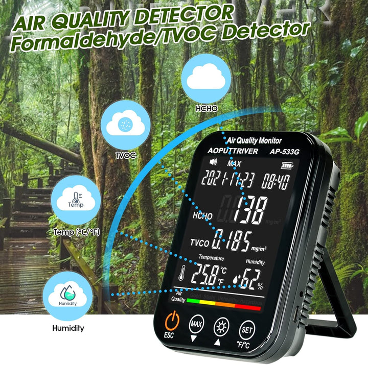 Formaldehyd Detektor, Feuchtigkeit Temperatur Luftqualitätsmonitor für HCHO/TVOC, 4 in1 Raumluftvers