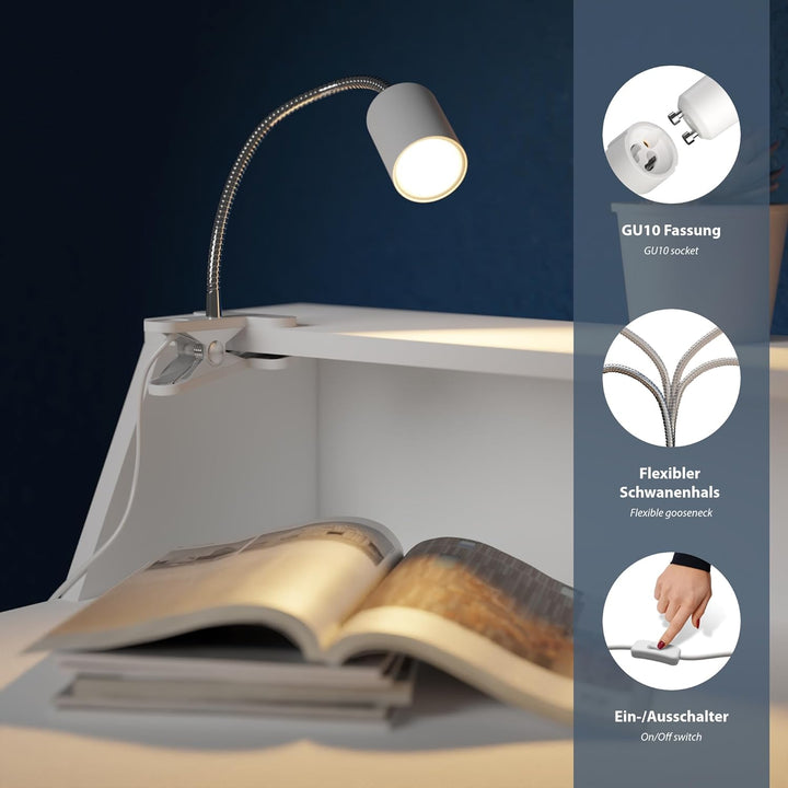 ledscom.de Klemmleuchte WAIKA mit Schwanenhals und Schalter weiss matt, inkl. GU10 LED Lampe (warmwe