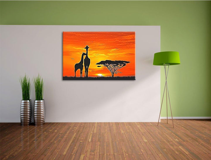 Giraffen im Sonnenuntergang Deluxe Format: 100x70 cm auf Leinwand, XXL riesige Bilder fertig gerahmt