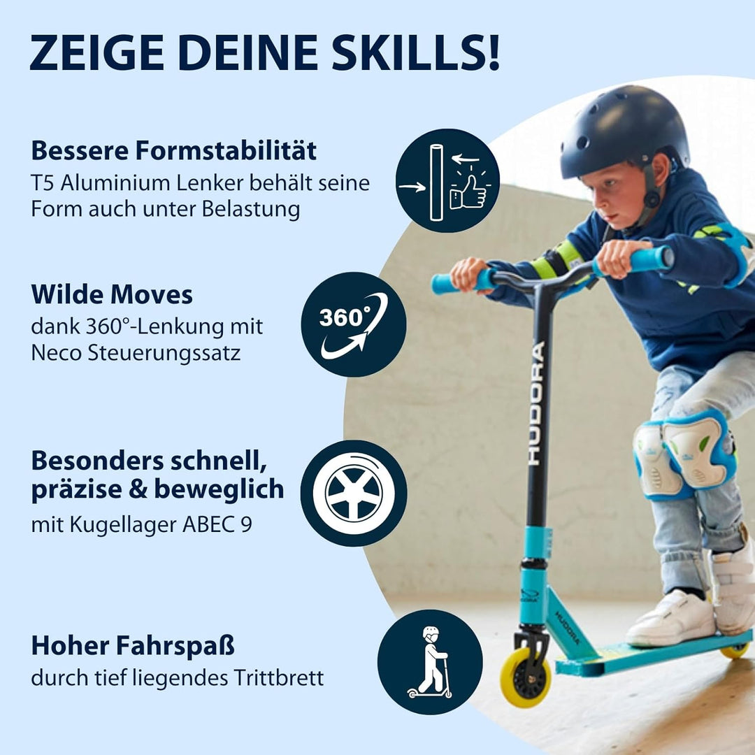 HUDORA Stuntscooter Kids - 360° Lenkung - Tretroller - ABEC 9 Kugellager - Robuster Funscooter, Kick