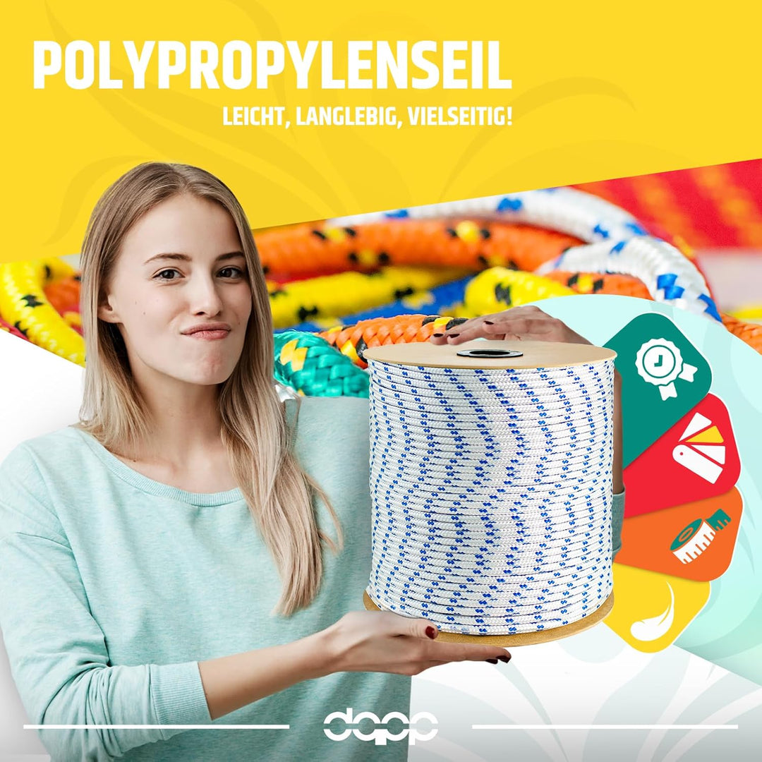 DQ-PP POLYPROPYLENSEIL | 8mm | 100m | BLAU Polypropylen Seil | Traglast bis 750 kg Tauwerk PP Flecht