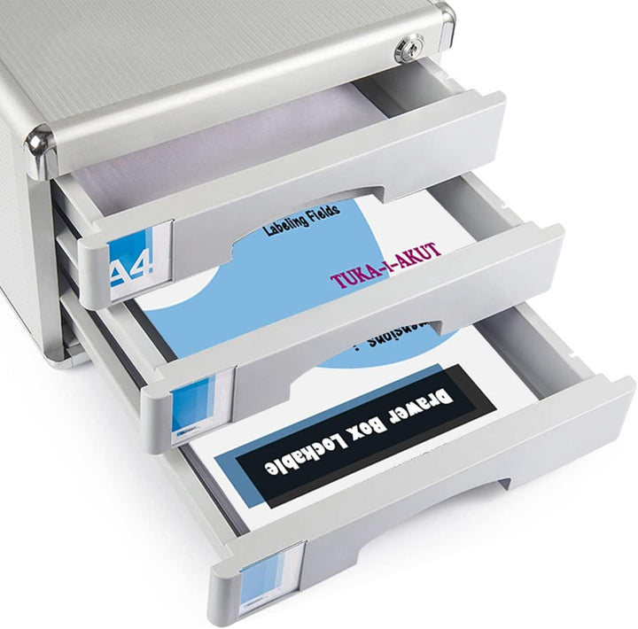 TUKA-i-AKUT Metall Schubladenbox Abschliessbar 3 Fächer A4, mit Beschriftungsfeldern, Dokumenten Auf