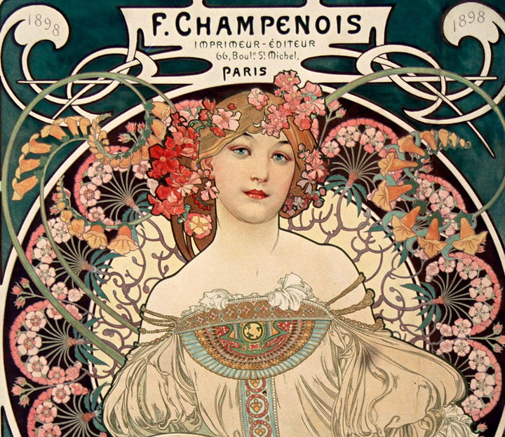 Alfons Mucha - Frau umringt von Blumen Herdabdeckplatte & Spritzschutz aus Echtglas | Für Herd-Kochf
