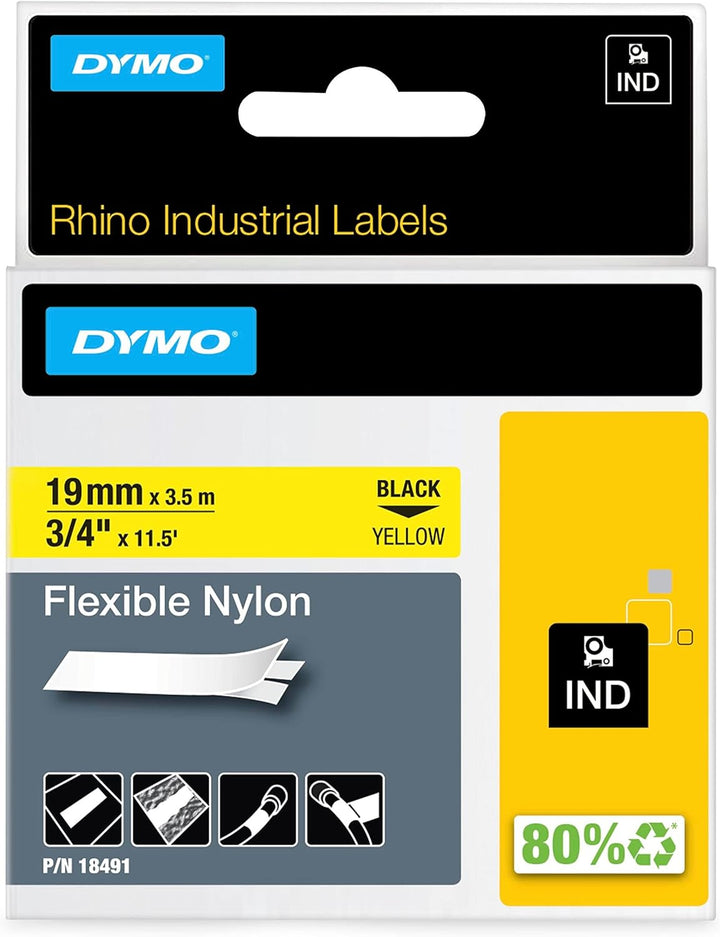 DYMO Rhino Industrie Nylonetiketten | flexibel | 19 mm x 3,5 m | schwarz auf gelb | selbstklebendes