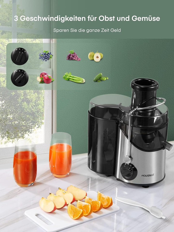 HOUSNAT Entsafter Gemüset und Obst, Juicer mit Grossem Mund, Grossem 65-mm-Zufuhrschacht und 3 Gesch
