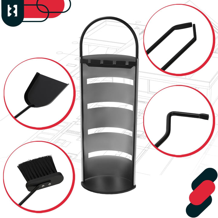 KOTARBAU® 5tlg. Edelstahl Kamingarnitur Schwarz mit Silbernem Griff