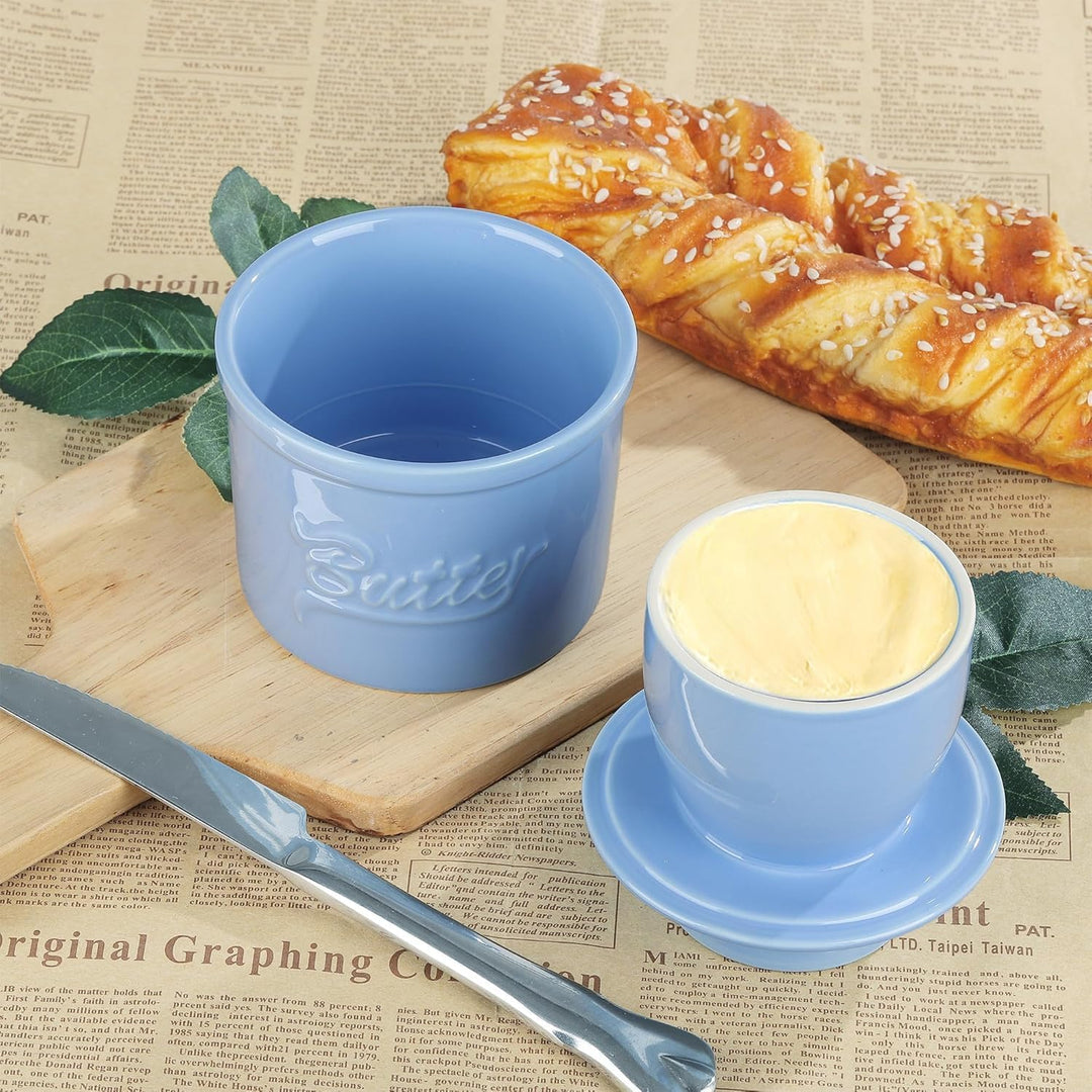 fanquare Blau Butterdose Porzellan mit Deckel, Runder Butterbehälter fur Französische Butterdose und