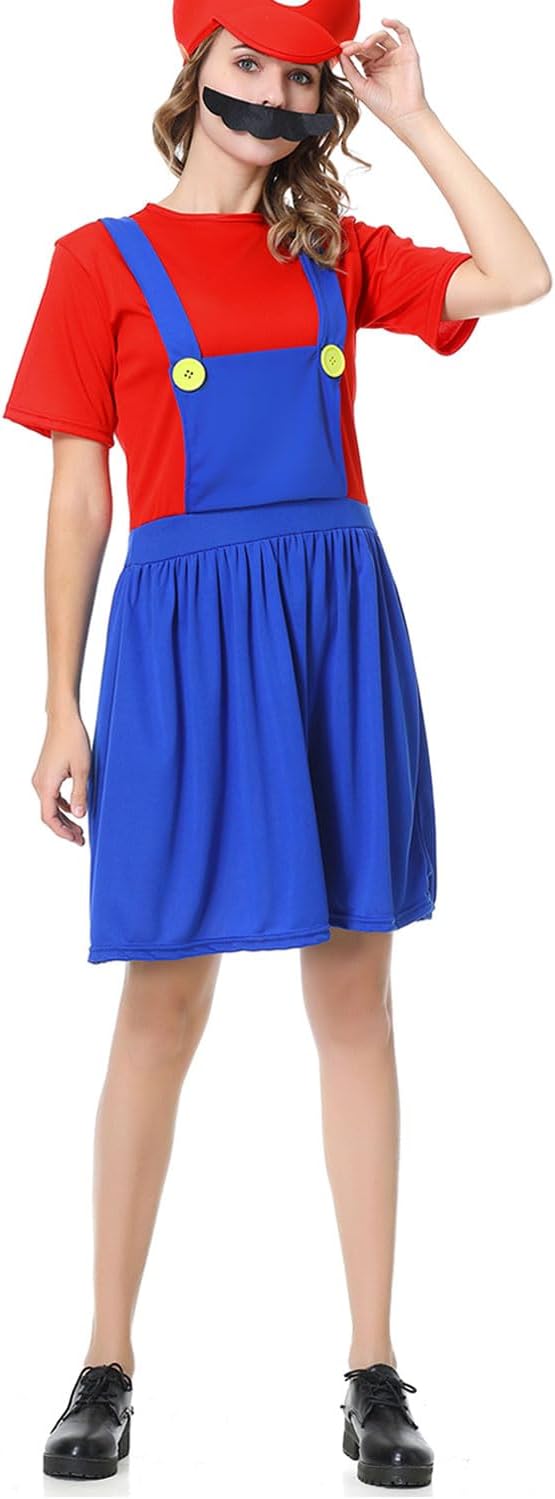 VISVIC Cosplay Kostüm Super Brothers Klempner, Kostüm mit Bodysuit, Cap und Schnurrbart, Karneval Ha