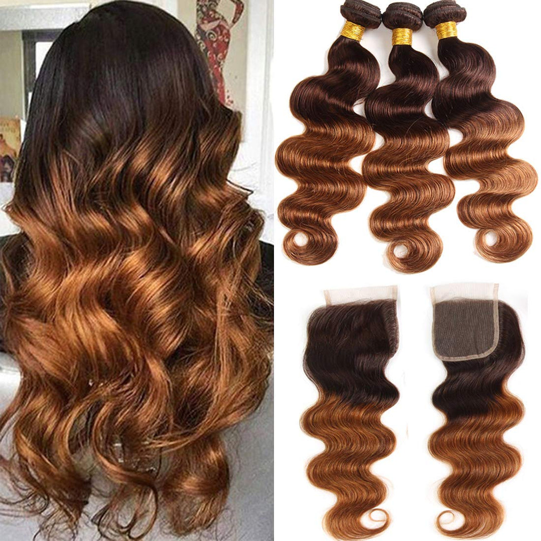 ELEE'S HAIR Ombre Menschenhaar Bundles Körperwelle mit Verschluss Ombre Bundles mit 4×4 Lace Closure