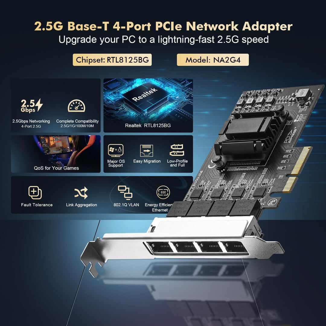 Binardat 4 Ports 2.5G PCIe Netzwerk Adapter, RTL8125B LAN Controller, 2500/1000/100Mbps RJ45 Etherne