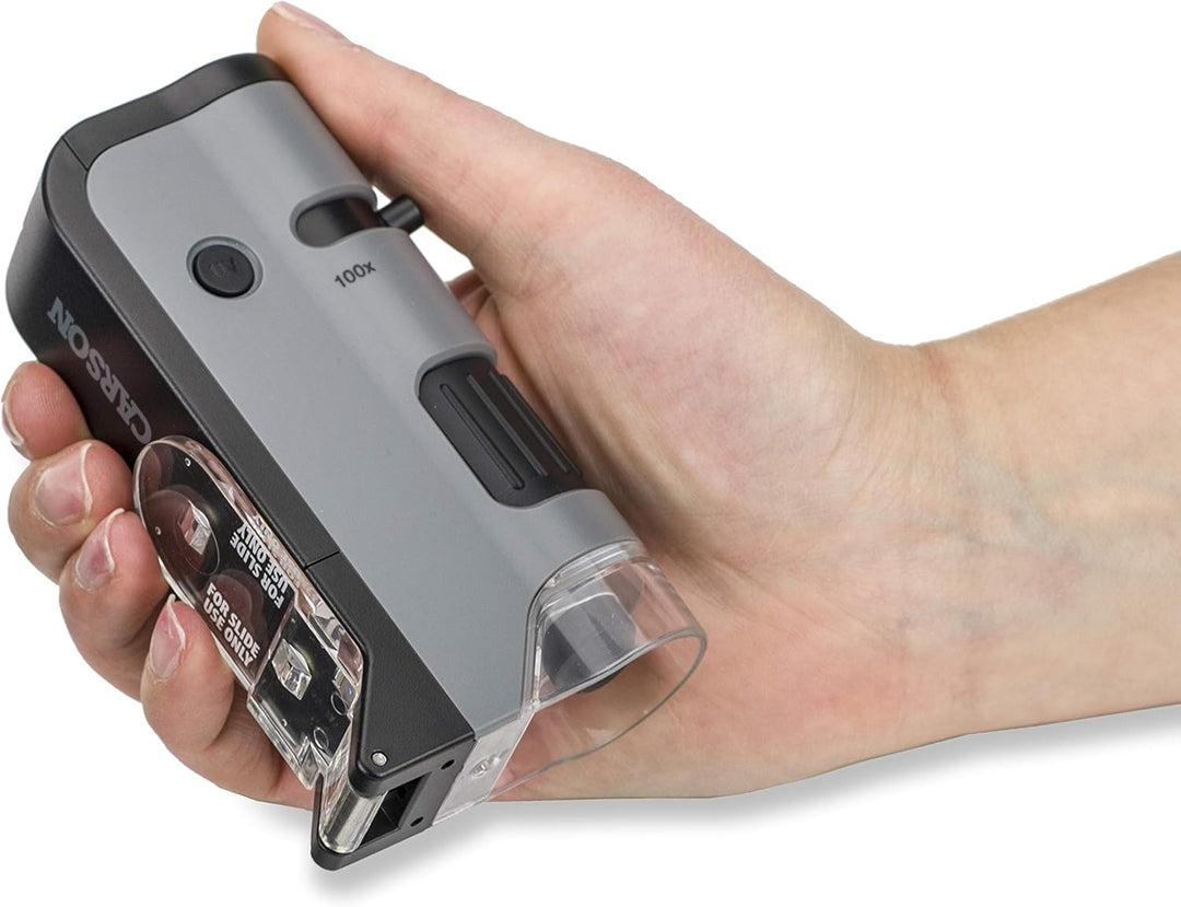 Carson MicroFlip 100x-250x Taschenmikroskop mit Smartphone-Adapter für Fotos und Videos - 4er Set (M