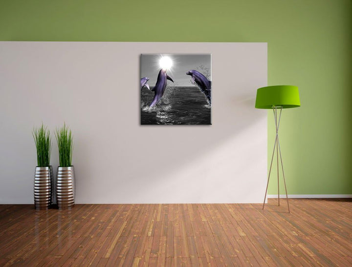 Fröhliche Delfine springen im Meer schwarz/weiss, Format: 70x70 auf Leinwand, 70x70