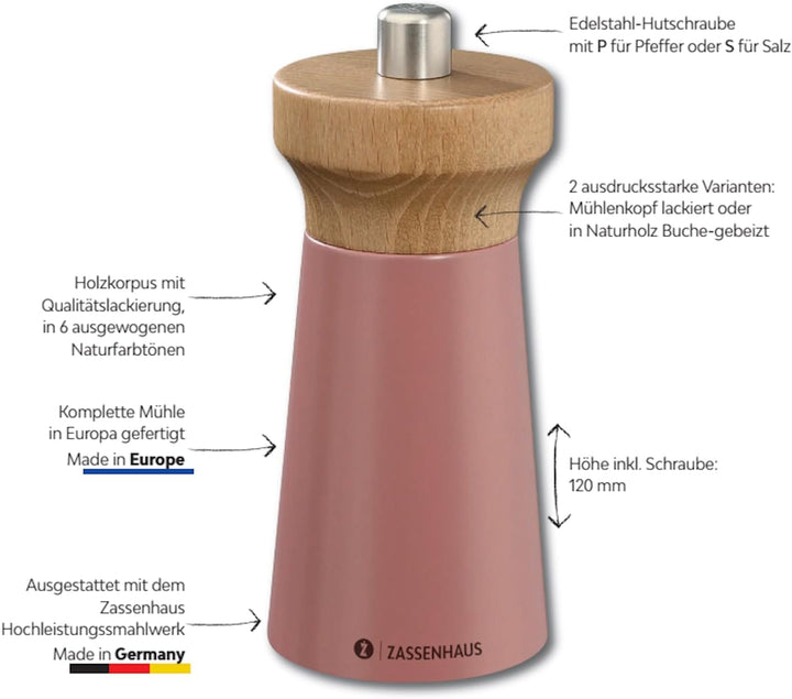 Zassenhaus Pfeffermühle WESTERLAND coral |lackiertes Buchenholz | mit stufenlos verstellbarem Hochle