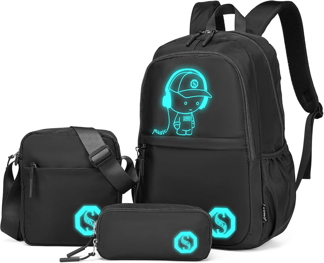 KONO Leuchtender Schulrucksack 3-in-1 Set, Anime Jungen Schulranzen Umhängetasche Federmäppchen, 15.