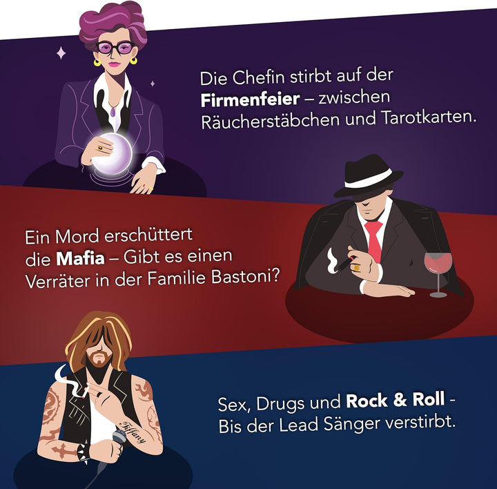 CRIMECASES Krimidinner Bundle 4-10 Personen | 3 Spiele mit Motto: Mafia, Konzert, Firmenfeier | Der