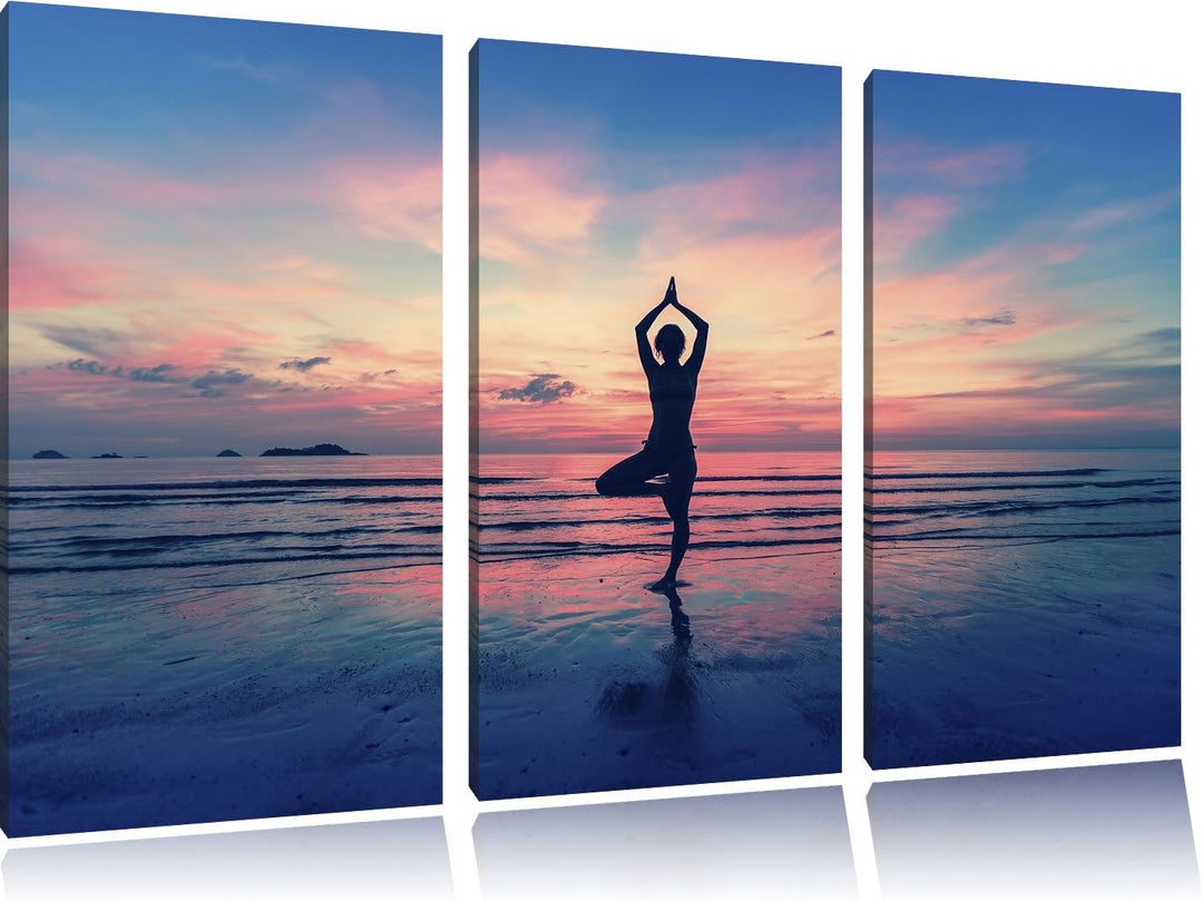 Pixxprint Yoga am Strand 3-Teiler Leinwandbild 120x80 Bild auf Leinwand