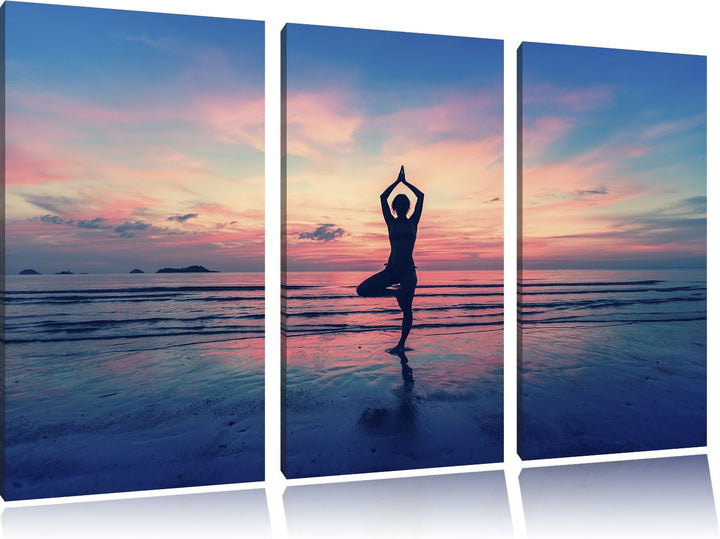 Pixxprint Yoga am Strand 3-Teiler Leinwandbild 120x80 Bild auf Leinwand