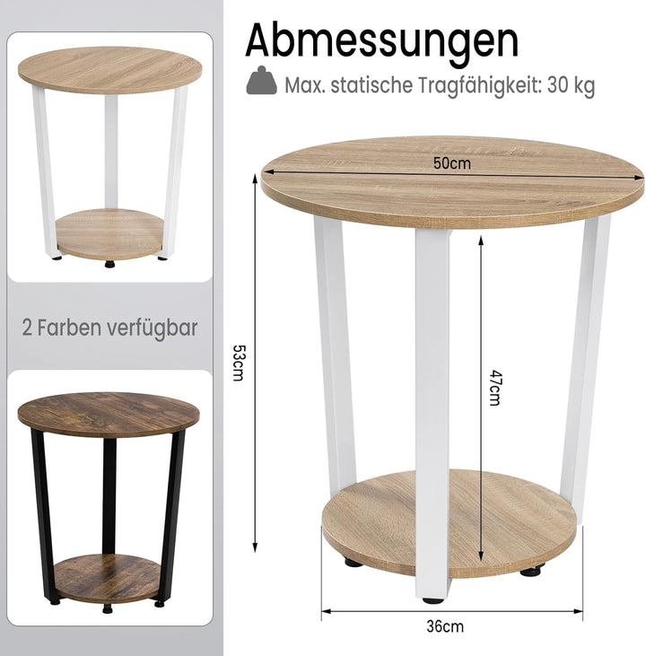 WOLTU Couchtisch rund, Beistelltisch modern, Wohnzimmertisch klein, Sofatisch mit 2 Ablagen, Wohnzim